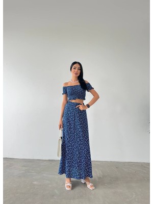 Rengamoda Kadın Madonna Yaka Crop Bluz ve Maxi Etek Viskon Kumaş Ikili Takım