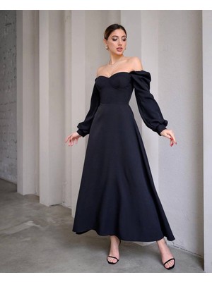 Rengamoda Kadın Madonna Yaka Balon Kol Maxi Boy Ithal Double Kumaş Elbise