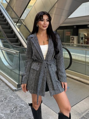 Rengamoda Kadın Balık Sırtı Desen Kuşaklı Astarlı Ceket Kaban