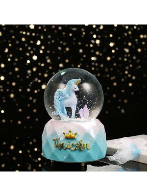 PremiumPort Büyük Boy Unicorn Kar Küresi Işıklı ve Müzikli, Püskürtmeli, Mavi