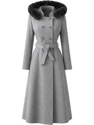 Esin Giyim Kruvaze Kuşaklı Kapüşonlu Orta Boy Kaban