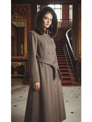 Esin Giyim Kruvaze Kuşaklı Kapüşonlu Orta Boy Kaban