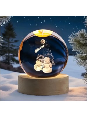 PremiumPort 3D LED Ahşap Standlı Yılbaşı Kardan Adam Cam Küre Lamba Usbli