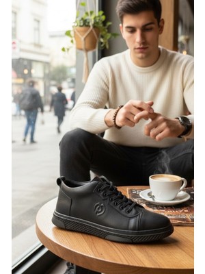 Enoch Hakiki Deri Siyah Yanı Logo Detaylı Siyah Erkek Sneaker