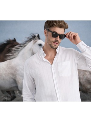 Varetta Erkek Beyaz Gömlek Likralı Cepli Rahat Kalıp Salaş Pamuklu Uzun Kollu