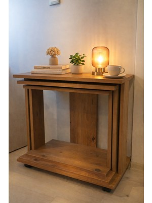 3'lü Zigon Sehpa 1'i Tekerlekli-Atlas Çam-Yan Sehpa-Laptop Sehpası