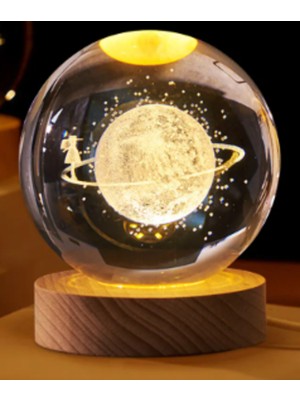 PremiumPort Dekoratif Satürn Kız Tasarımlı Işıklı Cam Küre, Ahşap Altlıklı, Büyük Boy