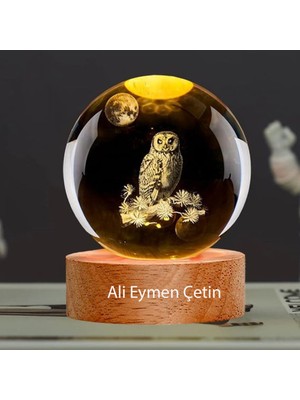 PremiumPort Özel Isme Ahşap Baykuş Cam Küre, 3 Boyutlu Şans ve Dekorasyon
