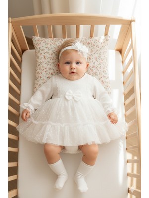 Miniday Baby Kız Bebek Mevlütlük Elbise Bandanalı Dantelli Yeni Doğan Hastane Çıkışı Gelinlik Abiye Mevlitlik 4016