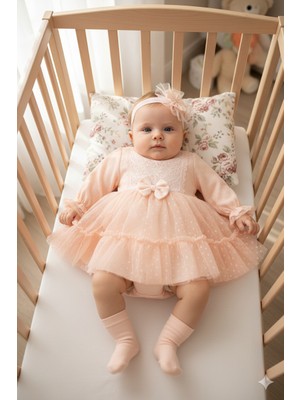 Miniday Baby Kız Bebek Mevlütlük Elbise Bandanalı Dantelli Yeni Doğan Hastane Çıkışı Gelinlik Abiye Mevlitlik 4016