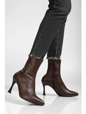 Elma Shop Orjen Kahverengi Cilt Streç Topuklu Bot