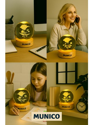 PremiumPort Işıklı Gül Cam Küre, Ahşap Tabanlı, Yatak Odası ve Hediye Için Uygun