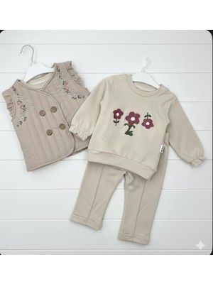 Hippıl Baby Çiçek Nakışlı Kapitone Yelekli 3lü Takım