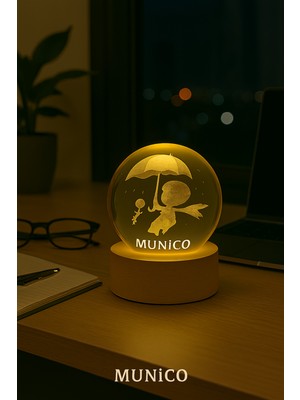 PremiumPort Küçük Prens Temalı Cam Küre, Ahşap Altlık, Işıklı, Masa Üstü Dekorasyon
