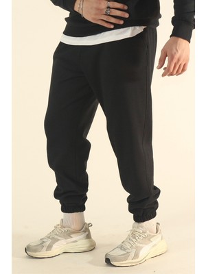 Eydamoon Erkek Siyah Kışlık Pamuklu Yumuşak Dokulu Rahat Kesim Paça Lastikli Eşofman Altı