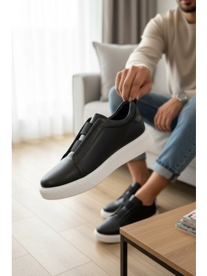 Enoch Hakiki Deri Kalın Tabanlı Bağcıksız Lastikli Erkek Sneaker Ayakkabı