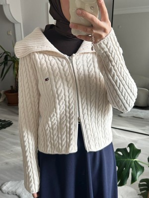 Muennesofi Ekru Fermuarlı Örgü Crop Hırka