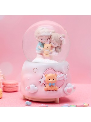 PremiumPort Ayıcıklı Büyük Boy Kar Küresi Işıklı Müzikli Püskürtmeli, Pembe