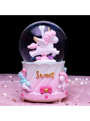 PremiumPort Büyük Boy Unicorn Kar Küresi Işıklı Müzikli Pembe 16X12CM