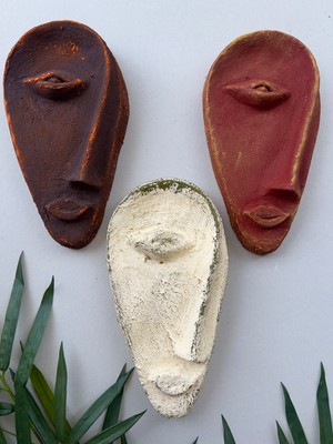 Mes Reves Design Özel Tasarım El Yapımı Heykel Soyut Yarım Ay Yüz Maske 3'lü Set, Duvar Dekor, Ev-Ofis Dekor