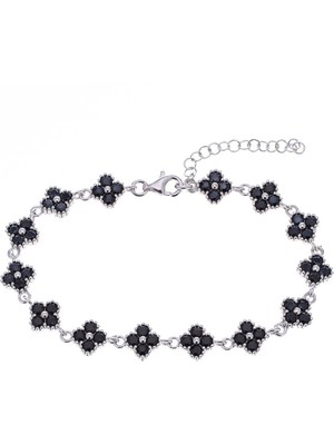 Nagiss Yonca Model Siyah Zirkon Taşlı 925 Ayar Gümüş Kadın Bileklik