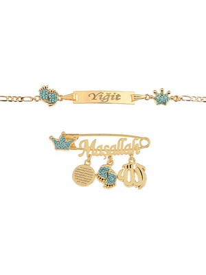 Minik Adımlar Kristal Taşlı Kaplama Isimli Bebek Künyesi ve Maşallah Yaka ,yastık ve Beşik Iğnesi Isme Özel