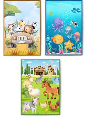 GLASSİFY 3’lü Safari, Deniz Altı ve Çiftlik Temalı Mdf Çocuk Odası Tablo Seti