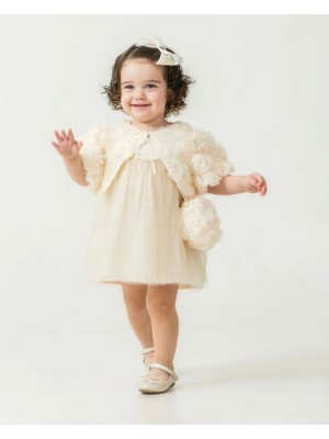 Butik Kız Bebek 3 Boyutlu Gül Tasarımlı Çanta Aksesuarlı %100 Pamuklu Astar Özel Gün Elbisesi