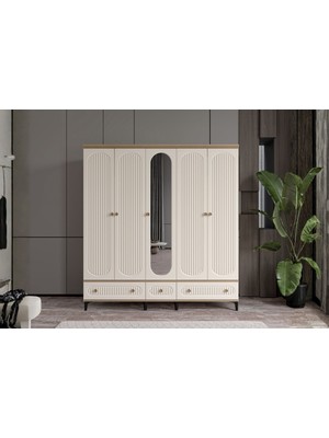 Doressa Cast Walnut 5 Kapılı Aynalı Gardırop