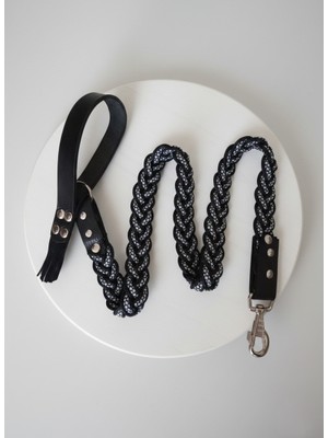 Balkonda Köpek Gezdirme Kayışı Tasması Deri Saplı 9 Kat Saç Örgü Floş İp Siyah - Beyaz