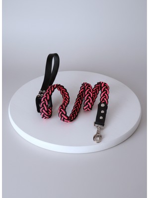 Balkonda Köpek Gezdirme Kayışı Tasması Deri Saplı 9 Kat Saç Örgü Floş İp Pembe - Siyah