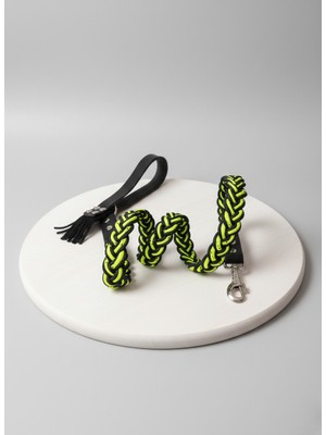 Balkonda Köpek Gezdirme Kayışı Tasması Deri Saplı 9 Kat Saç Örgü Floş İp Neon Yeşil - Siyah