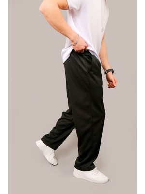 Eydamoon Erkek Siyah Baggy Tarz Pique Kumaş Bol Paça Cep Detaylı Eşofman Altı