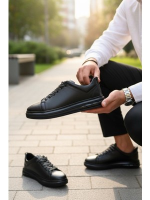 Enoch Hakiki Deri Siyah Günlük Bağcıklı Erkek Sneaker Comfort Taban Ayakkabı