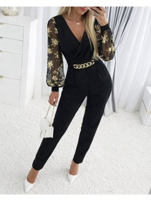 Eccey Butik Kadın Uzun Kollu Kruvaze Yakalı Kolları Çiçek Desenli Janjan Krep Tulum