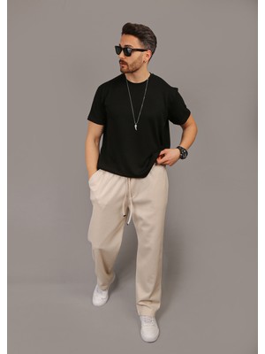 Eydamoon Erkek Bej Baggy Tarz Pique Kumaş Bol Paça Cep Detaylı Eşofman Altı