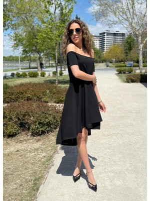 Eccey Butik Kadın Kısa Kollu Madonna Yaka Önü Kısa Arkası Uzun Ithal Krep Elbise