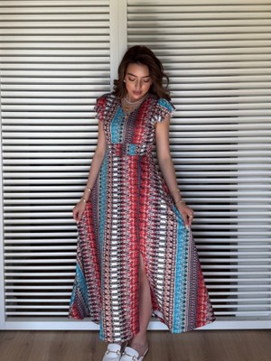 Eccey Butik Kadın Kısa Kollu V Yakalı Desenli Yandan Yırtmaçlı Süprem Elbise