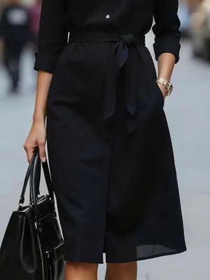 Eccey Butik Kadın Uzun Kollu Yakalı Belden Kuşaklı Midi Trikoton Elbise