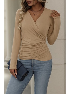 Eccey Butik Kadın Uzun Kollu Kruvaze Yaka Yanlardan Büzgülü Viskon Bluz