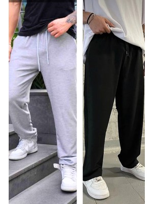 Eydamoon Erkek Siyah-Gri Rahat Kesim Baggy Kalıp 4 Mevsim  Eşofman Altı