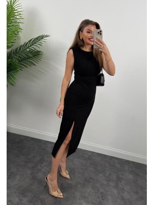 Eccey Butik Kadın Askılı Kolsuz Belden Büzgülü Yırtmaçlı Midi Janjan Krep Elbise