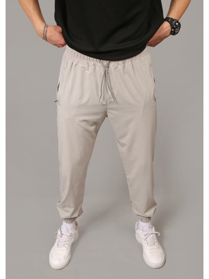 Eydamoon Erkek Gri Paraşüt Kumaş Regular Fit Paça Lastikli Cep Fermuarlı Eşofman Altı