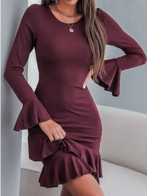 Eccey Butik Kadın Uzun Kollu Yuvarlak Yaka Fırfırlı Kol Ucu Volanlı Janjan Krep Mini Elbise