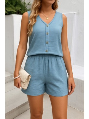 Eccey Butik Kadın Askılı Kolsuz V Yakalı Önden Düğmeli Bürümcük Bluz ve Short Ikili Takım