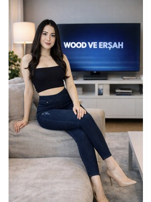 Lüx Wood Sunway 11903 Battal  Kadın Jean Görünümlü Yüksek Bel Esnek Denim Tayt