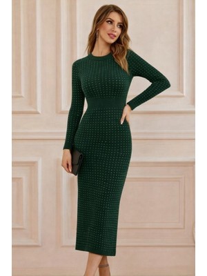 Eccey Butik Kadın Uzun Kollu Bisiklet Yaka Taşlı Midi Kadife Elbise