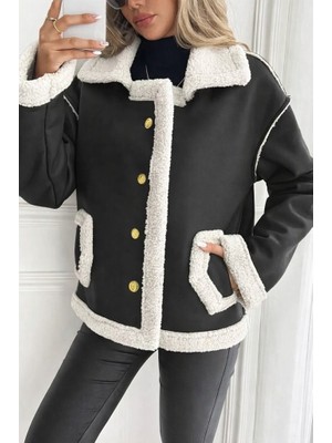 Eccey Butik Kadın Uzun Kollu Yakalı Önden Düğmeli Cep Detaylı Süet Ceket