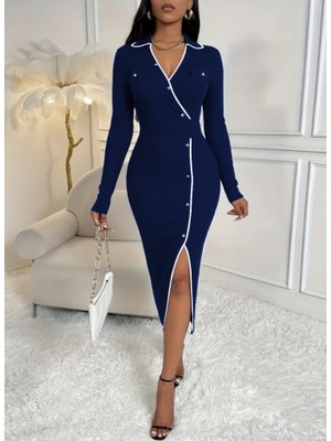 Eccey Butik Kadın Uzun Kollu Yakalı Cepli Düğmeli Yırtmaç Detaylı Modal Uzun Elbise