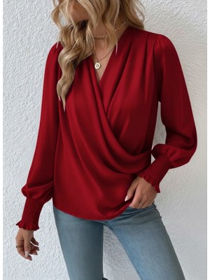 Eccey Butik Kadın Uzun Kollu Dökümlü Kruvaze Yaka Kol Ucu Gipeli Sandy Bluz